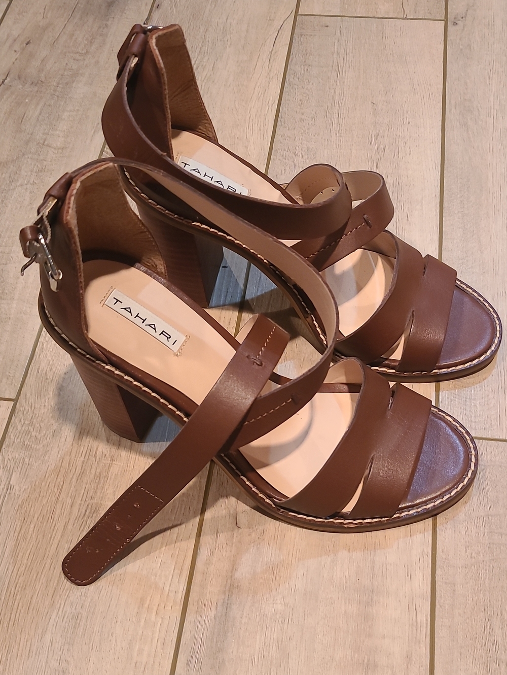 Tahari Brown Leather Chunky Heel Sandals